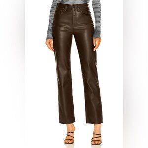 Elegant Brown/Cognac Leather Straight Leg Pants